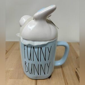 Rae Dunn FUNNY BUNNY Mug Sky Blue with Novelty Topper and Black Lettering New